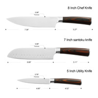 Ventes chaudes, ensemble de 3 couteaux de cuisine en acier inoxydable avec manche en bois, couteau Santoku, couteau utilitaire, dureté 60 Rockwell, ambidextre