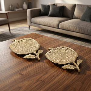 Stylish Display Gold Plated Fruit Shape Decorative <b>Tray</b> Set 2Pcs Contemporary Metal Handicraft <b>Plant</b> Design - Product Image 2