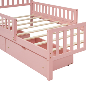 Letto a piattaforma singolo moderno in legno massello rosa con sponde di sicurezza, comodo, ecologico, con cassetti contenitore per la cameretta dei bambini - Product Image 5
