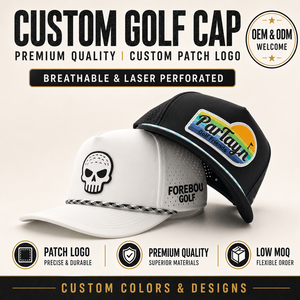 Gorra de golf minimalista de cinco paneles, impermeable, con emblema de silicona personalizado, MOQ bajo, OEM, perforada con láser, transpirable, nuevo diseño gráfico. - Product Image 1