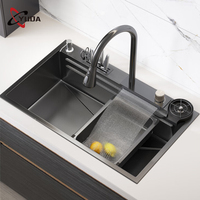 Évier de cuisine multifonctionnel en acier inoxydable 304 avec robinet intelligent à jet de pluie et robinet cascade, design à cuve unique et deux trous