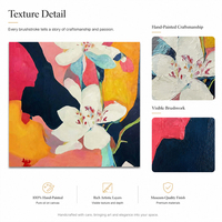 Peinture abstraite de fleurs en porcelaine, fleurs blanc cassé, bleu marine, magenta, jaune doré, champs expressifs, peinture à la main sur toile