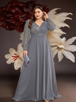 Robe de soirée de luxe en mousseline grande taille SJ, manches longues, imprimé sequins, robe longue de soirée pour femme, coupe trapèze, col en V