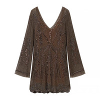 TAOP&ZA 2026 Nouvelle Robe Longue Femme Chic et Élégante à Col V, Manches Longues, Imprimée, Ornée de Paillettes et de Perles, Coupe Ajustée Polyvalente 3306