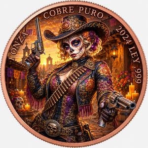 Moneta Souvenir in Rame Colorato da 1oz 999, Tema <span class=keywords><strong>Giorno</strong></span> dei Morti Western Cowgirl Catrina con Doppio Revolver - Product Image 1