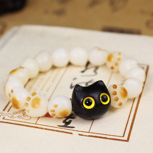 Charcoal Burnt Cat Paw <b>Bracelet</b> Black Cat Style 12mm White Jade Beads Unisex <b>Couple</b> Daily Wear Cartoon Animal Zodiac Jewelry - Product Image 2