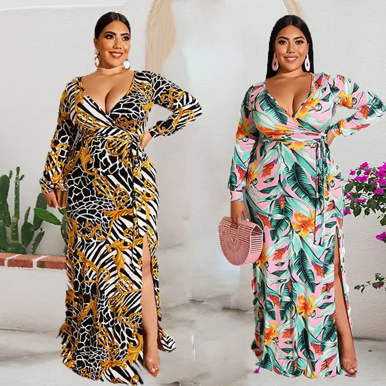 Xl - 5xl Oversize Ladies Dress Floral Print Pleated Long Sleeve V-neck Plus Size Fall Winter Women Casual Maxi Dresses