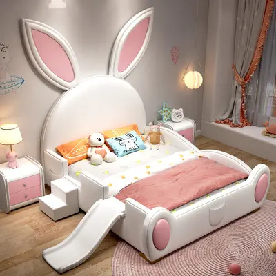 YEC-08 tempat tidur anak perempuan kartun kelinci telinga kelinci anak perempuan kayu Solid tempat tidur putri dengan slide furnitur anak-anak