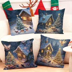 Scènes de village de Noël chaleureuses sur des coussins décoratifs avec neige, arbres et lumières douillettes pour la décoration des fêtes. - Product Image 1