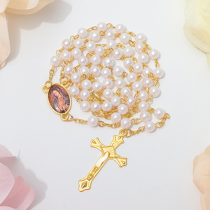 Collar de Rosario con Cuentas de 8mm Chapadas en Oro, Imitación de Perlas, Colgante de Cruz de Aleación de Nuestra Señora de Guadalupe, Joyería Religiosa Católica para Rezar - Product Image 3