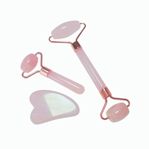 Bulk 3-Piece Rose Quartz Facial <b>Massager</b> Kit with Small Heart Gua Sha and Facial Rollers for Skin Care Brands - Product Image 3