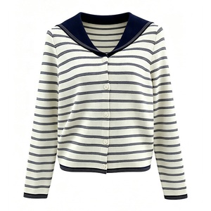 Suéter Cárdigan de Punto de Algodón y Cachemira a Rayas con Cuello Marinero y Manga Larga Informal con Logotipo Personalizado OUDINA para Damas - Product Image 2