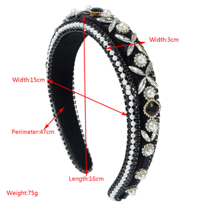 Diadema de terciopelo ancha con perlas de lujo y pedrería, banda para el cabello con cuentas de cristal de colores, accesorios llamativos para el cabello de mujer al por mayor - Product Image 3