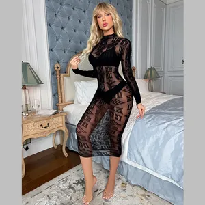 7 Colors Long Sleeve Fishnet See Through Bodycon Midi Sexy Lingerie Dresses Women Night