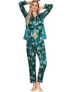 Conjunto de Pijama de Seda de Manga Longa Feminina Soft Button Down Thermal PJ para Dia dos Namorados e Natal - Product Image 5