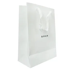Personalize seu próprio logotipo, alças de fita recicláveis ecológicas, sacola de papel para compras no varejo, sacola de papel de papelão branco