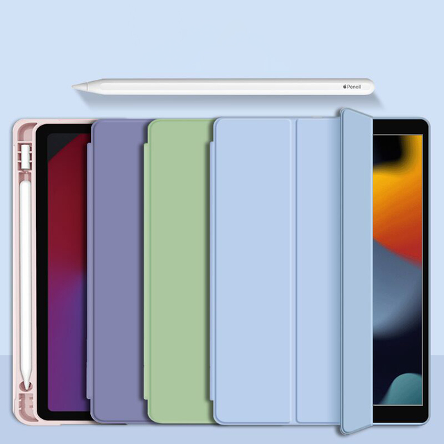 Triple Fold Pencil Holder Tablet Back Cover Case with Anti-fall Protection for iPad 10.2 Pro 11 Air4 TPU+Leather