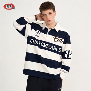 OEM/ODM Custom Screen Print Logo Drop Shoulder Vintage Sporty Polo <strong>Shirts</strong> Streetwear <strong>Long</strong> <strong>Sleeve</strong> Stripe <strong>T</strong> <strong>Shirt</strong> for Men - Product Image 1