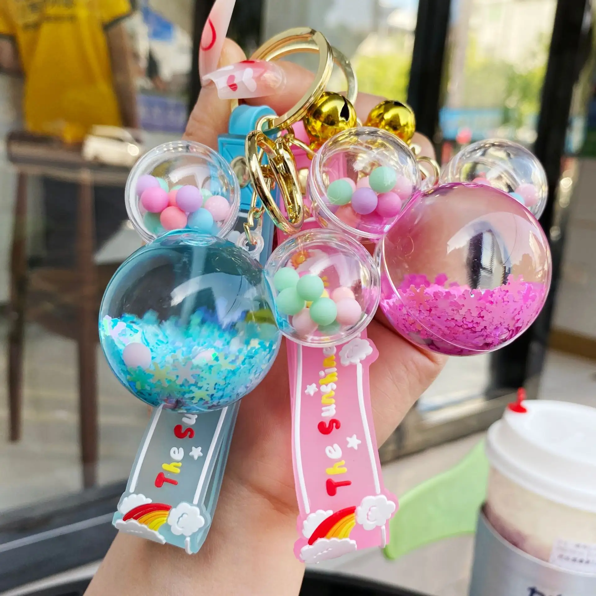 Summer fruit acrylic with sequin liquid car key chain cute floating grape watermelon peach charms for keychain pendant