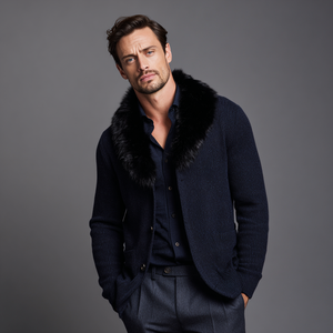 <strong>Men</strong> Slim Fit Knit Jacket with Removable Fur Collar | Merino <strong>Wool</strong> Urban <strong>Cardigan</strong> for Europe Wholesale - Product Image 6