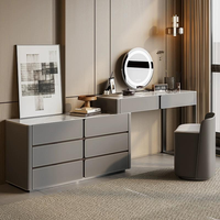 Ensemble de coiffeuse moderne minimaliste en bois massif réglable pour appartement, avec miroir éclairé à rabat et tabouret de rangement, table de maquillage 2-en-1