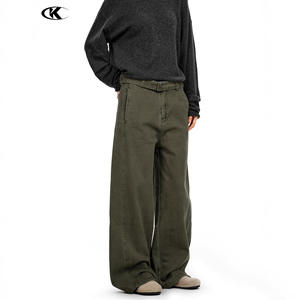 Pantalones Cargo Rectos Color Verde <span class=keywords><strong>Militar</strong></span> Americano 11KN, Unisex, Lavados, con Cinturón, Estilo Simple, Moderno, Retro, Holgados e Informales - Product Image 3