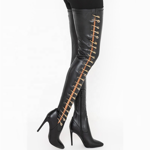 Custom Stiletto Heel Black Thigh <b>High</b> Boots Big Size 43 Side Buckle Hollow Sexy Women Long Boots <b>High</b> Heel Shoes - Product Image 4