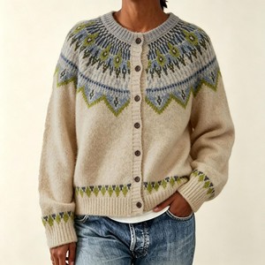 Cárdigan de punto para mujer, mezcla de lana de alpaca, con botones, cuello redondo, manga larga, diseño Fair Isle - Product Image 1