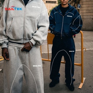 Completo Sportivo Due Pezzi con Bordi Cuciti, Felpa con Cappuccio in Pile Pesante Personalizzata, <span class=keywords><strong>Streetwear</strong></span> con Zip e Pantaloni Larghi da Uomo - Product Image 1