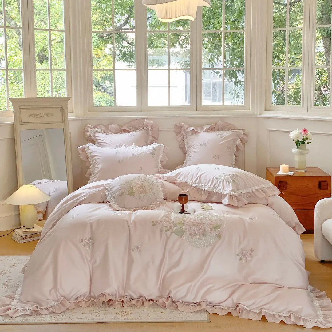 Funda de edredón Rosa bordada personalizable, 100% algodón, sábanas de cama para adultos, proveedor de ropa de cama