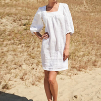 Robe mi-longue Offre Spéciale pour femmes à la mode manches demi-bouffantes solide col carré décontracté robe trapèze lin coton sans bretelles