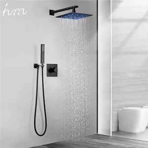 10 "Kualitas Tinggi Panas Dingin Kuningan Tersembunyi Instalasi Dinding Matte Hitam LED Shower Set dengan Hand Shower