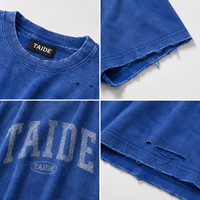 T-shirt universitaire TaiDe certifié BSCI 280GSM, délavé à l'acide, avec badge, ourlet brut vieilli, bicolore, logo personnalisé, OEM ODM, vente en gros pour hommes
