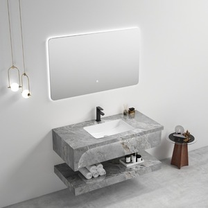Mueble de baño flotante gris con lavabo de cerámica integrado y espejo con retroiluminación LED - Product Image 5