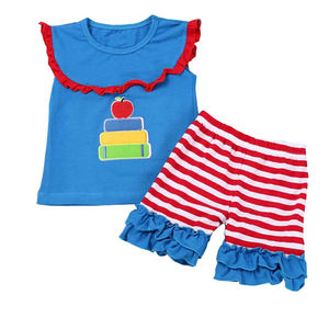 Vêtements pour bébé, haut en coton uni avec applique et volants sur la poitrine, short à volants, tenue pour filles pour la rentrée scolaire - Product Image 2
