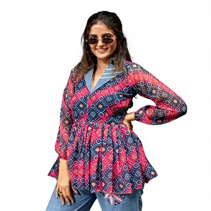Ensemble 2 pièces pour femme : Blouse imprimée à manches longues et jupe plissée en jean, col chemise, tenue décontractée pour soirée - Product Image 1