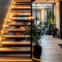 Villa de luxe intérieure avec escalier flottant moderne en arc, doté d'un cadre en acier, d' marches en bois et de garde-corps en verre trempé