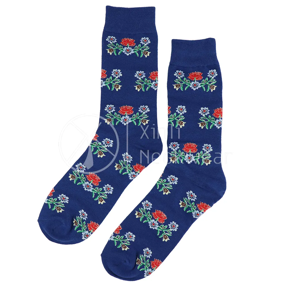 Fashion Custom Floral Woven Design Navy Blue Combed 100% Cotton High Quality Winter Socks for Men