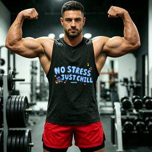 Chaleco Gráfico Oversize Gris Lavado con Letras Estilo Burbuja 'No Stress Just Chill', Estilo Casual, Playa, Streetwear, Nota Musical, Top Hip Hop para Hombre, Talla EE. UU. - Product Image 1