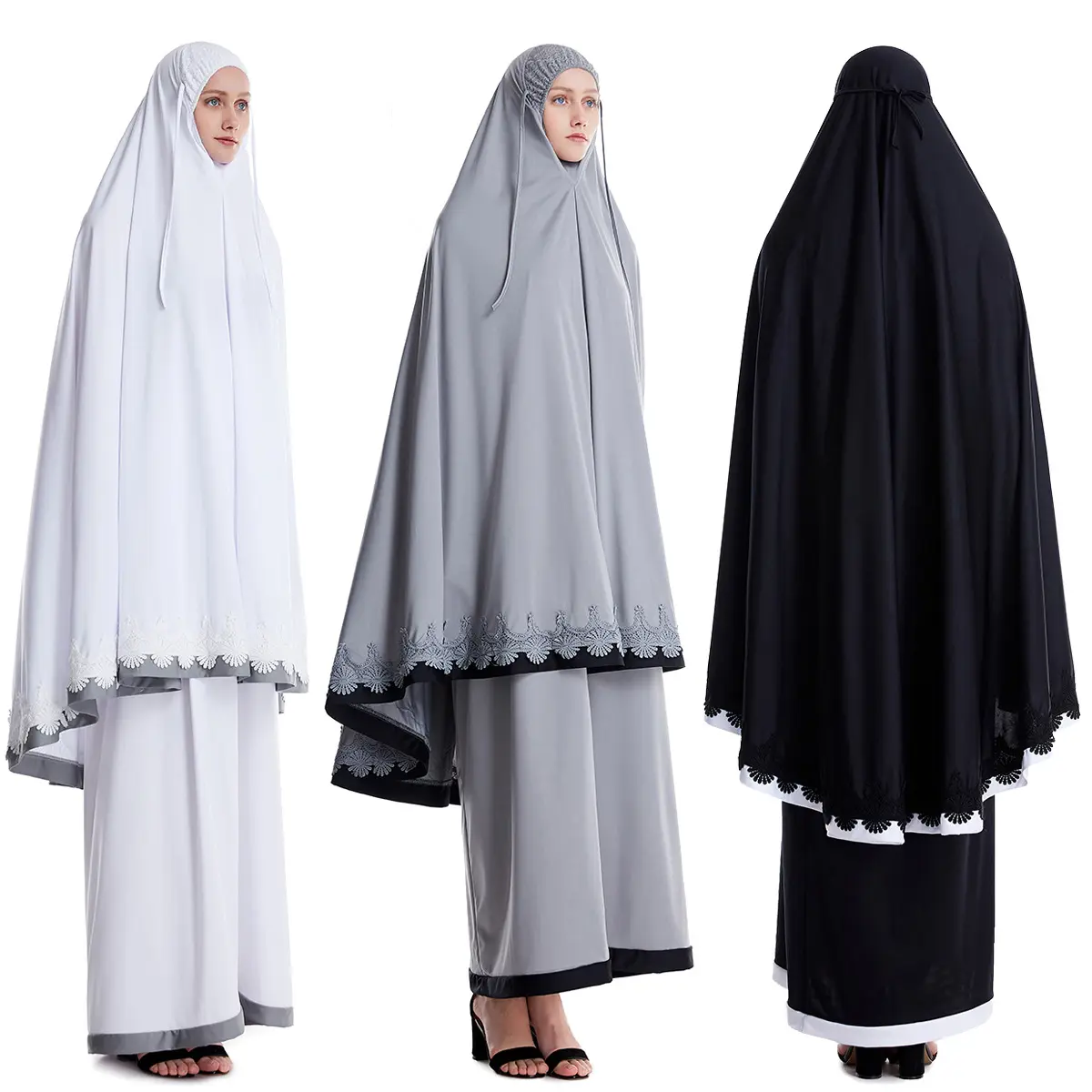 Setelan Gaun 2 Potong untuk Wanita, Baju Atasan Hijab Muslim Islami Berbatas Renda dan Gaun Kaftan Dubai, Gaun Doa dengan Hijab untuk Wanita
