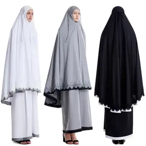 New 2 Piece Set Women Lace Border Islamic Clothing Muslim Hijab Top And Dress Suits Kaftan Dubai Prayer Dresses With Hijab Women