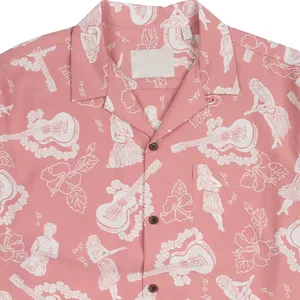 Kemeja pria motif, kaus kasual lengan pendek Hawaii berpola merah muda Aloha musim panas