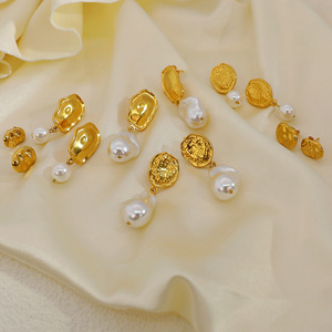 ต่างหูมุกทรงหยดน้ำสไตล์ยุโรปอเมริกัน ชุบทอง 18K รูปทรงเรขาคณิตวงรี สวมใส่ได้ทุกวัน ทำจากสแตนเลส EH11140 11145 - Product Image 1