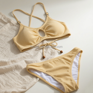 طقم بكيني نسائي صغير مثير مكون من قطعتين بخصر مرتفع وثوب صلب من الأسفل مخصص علامة تجارية خاصة ملابس شاطئ OEM مقاس كبير XL منخفض موك - Product Image 3