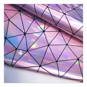 Shiny Hologram Synthetic PU Mirror Holographic Geometric Iridescent Leather Fabric For Bags Bow Crafting Glitter Woven