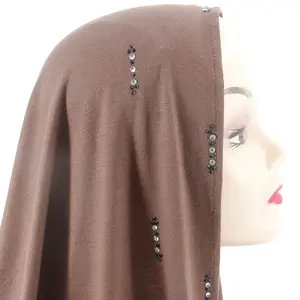 Desain Baru Syal Jersey Katun Berlian Muslim Selendang Panjang Dubai Jersey Hijab dengan Batu Kristal Hotfix