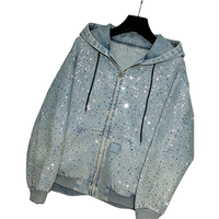 Sweat à capuche zippé en jean vintage avec strass et broderie 3D, coupe ample et oversize, lavage personnalisé, pour homme, éco-responsable