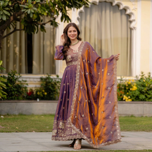 Women Purple Anarkali Kurta Set <b>Gold</b> Elephant Embroidery V Neck Floor Length Ethnic Wedding <b>Dress</b> - Product Image 1