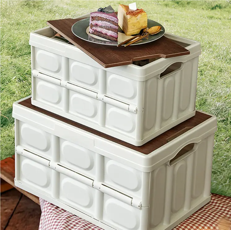 กล่องเก็บอาหารในตู้เย็นสำหรับรถตั้งแคมป์,กล่องเก็บของพับได้พร้อมฝาปิดไม้แบบถอดได้ใช้กลางแจ้งขนาดใหญ่