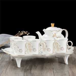 Factory Export Ceramic Porcelain Gold Rim Kettle Tea <b>Set</b> 1 <b>Pot</b> 6 Cups Eco-Friendly Back to School Minimalist Design - Product Image 2